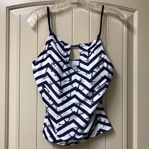 White and Navy Tankini Top Size Large